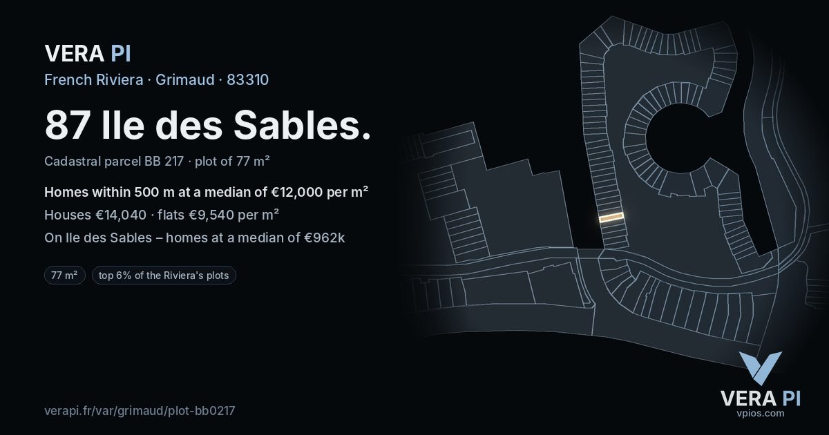 87 Ile des Sables, Grimaud at night – the plot lit, the parcels around coloured by the prices near them