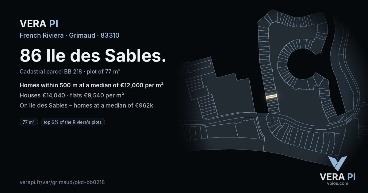 86 Ile des Sables, Grimaud at night – the plot lit, the parcels around coloured by the prices near them