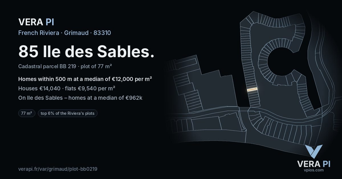 85 Ile des Sables, Grimaud at night – the plot lit, the parcels around coloured by the prices near them