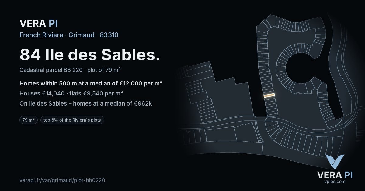84 Ile des Sables, Grimaud at night – the plot lit, the parcels around coloured by the prices near them