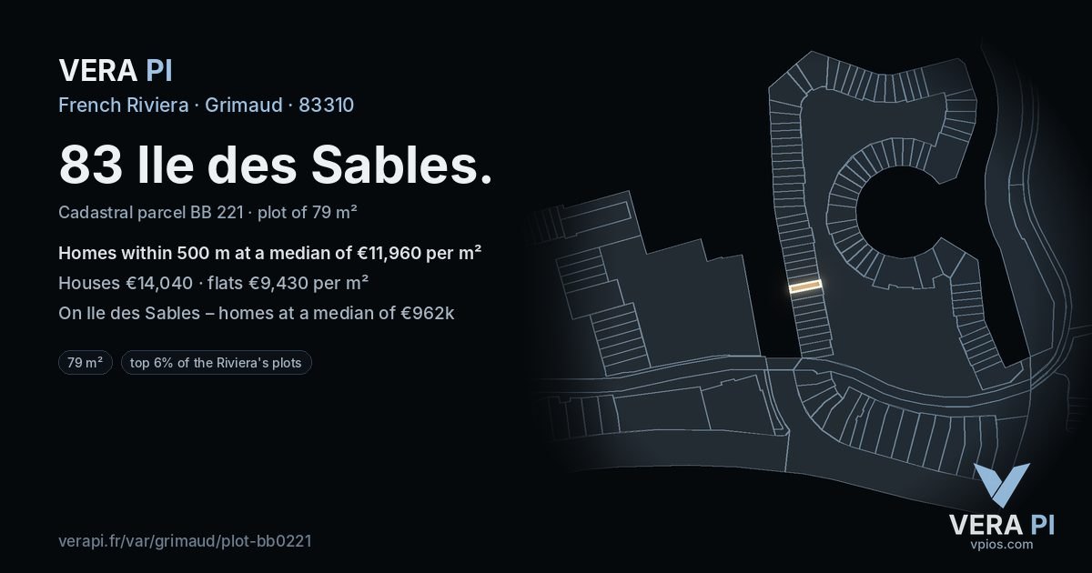 83 Ile des Sables, Grimaud at night – the plot lit, the parcels around coloured by the prices near them
