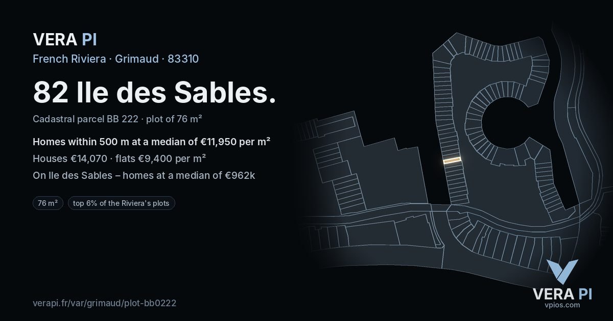 82 Ile des Sables, Grimaud at night – the plot lit, the parcels around coloured by the prices near them