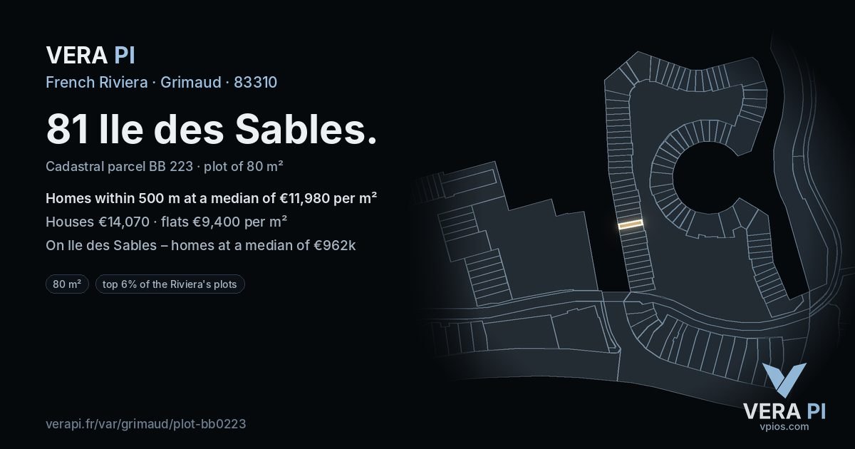 81 Ile des Sables, Grimaud at night – the plot lit, the parcels around coloured by the prices near them