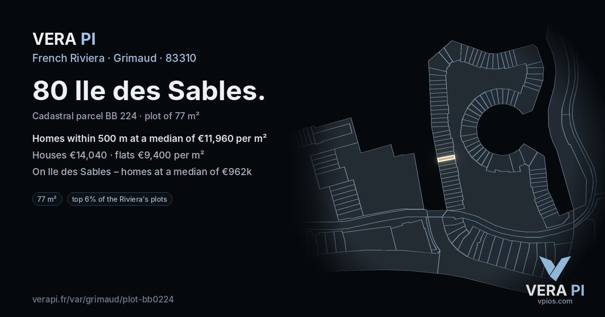 80 Ile des Sables, Grimaud at night – the plot lit, the parcels around coloured by the prices near them