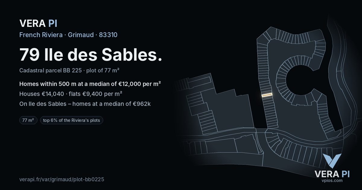 79 Ile des Sables, Grimaud at night – the plot lit, the parcels around coloured by the prices near them