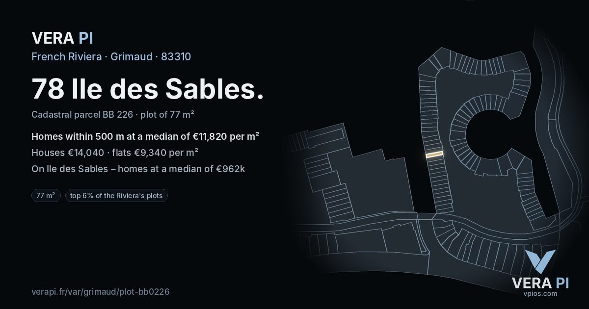 78 Ile des Sables, Grimaud at night – the plot lit, the parcels around coloured by the prices near them