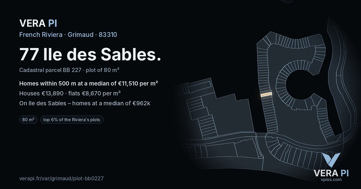 77 Ile des Sables, Grimaud at night – the plot lit, the parcels around coloured by the prices near them