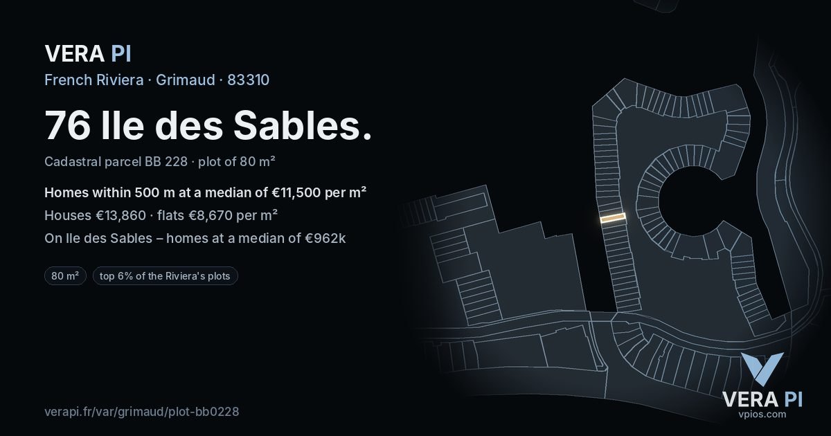 76 Ile des Sables, Grimaud at night – the plot lit, the parcels around coloured by the prices near them