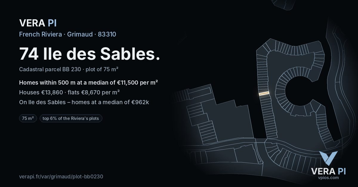 74 Ile des Sables, Grimaud at night – the plot lit, the parcels around coloured by the prices near them