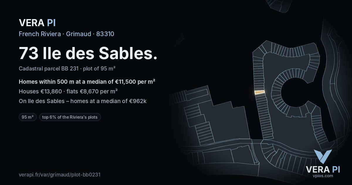73 Ile des Sables, Grimaud at night – the plot lit, the parcels around coloured by the prices near them