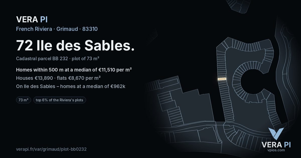 72 Ile des Sables, Grimaud at night – the plot lit, the parcels around coloured by the prices near them