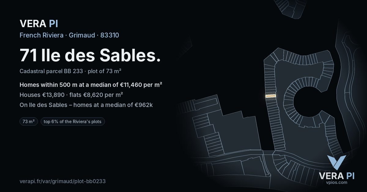 71 Ile des Sables, Grimaud at night – the plot lit, the parcels around coloured by the prices near them