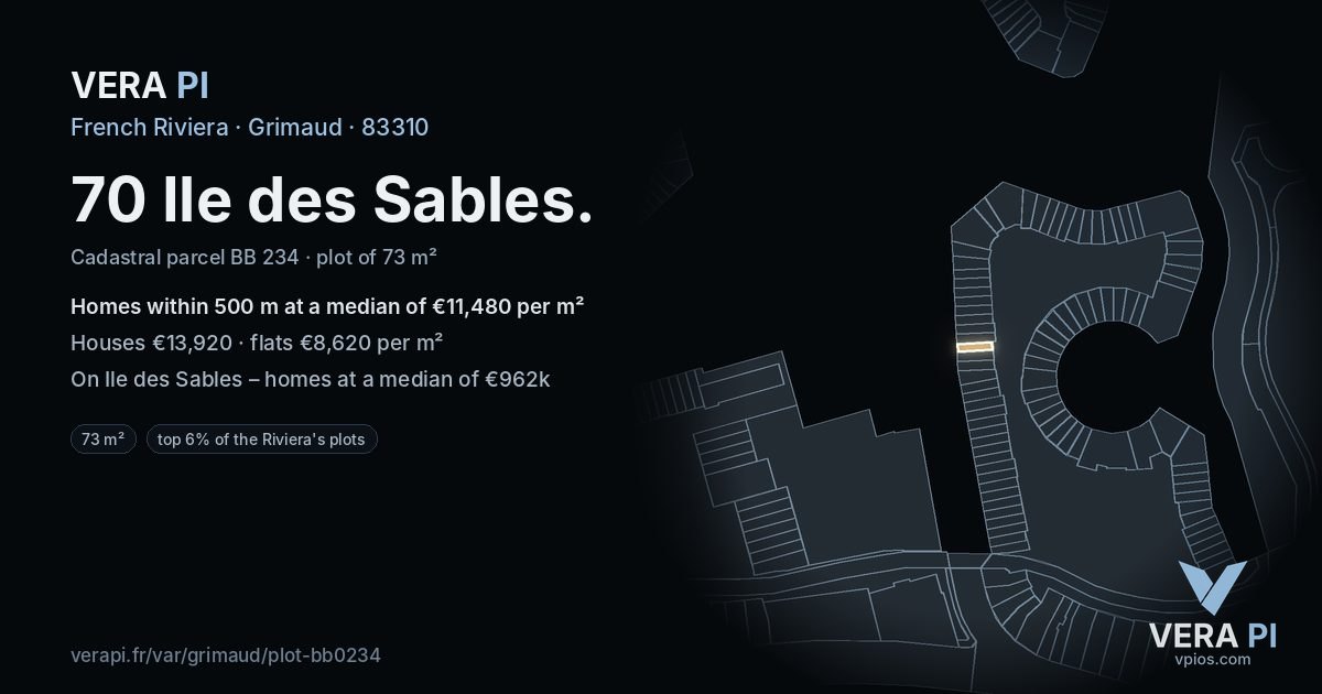 70 Ile des Sables, Grimaud at night – the plot lit, the parcels around coloured by the prices near them
