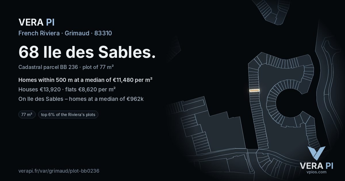 68 Ile des Sables, Grimaud at night – the plot lit, the parcels around coloured by the prices near them