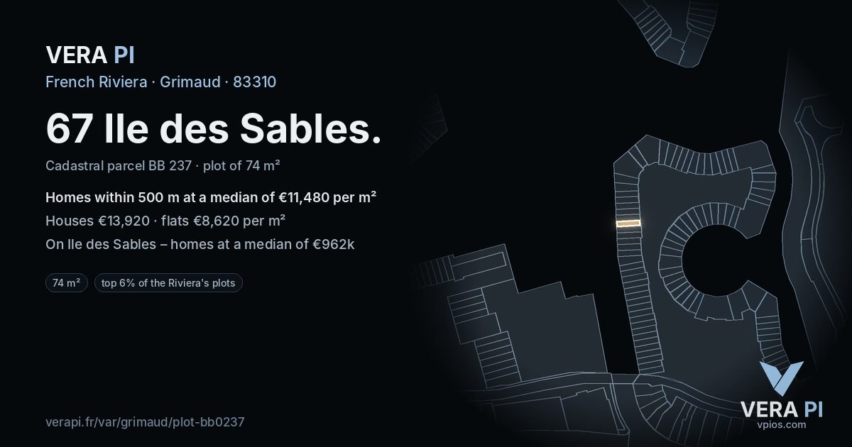 67 Ile des Sables, Grimaud at night – the plot lit, the parcels around coloured by the prices near them