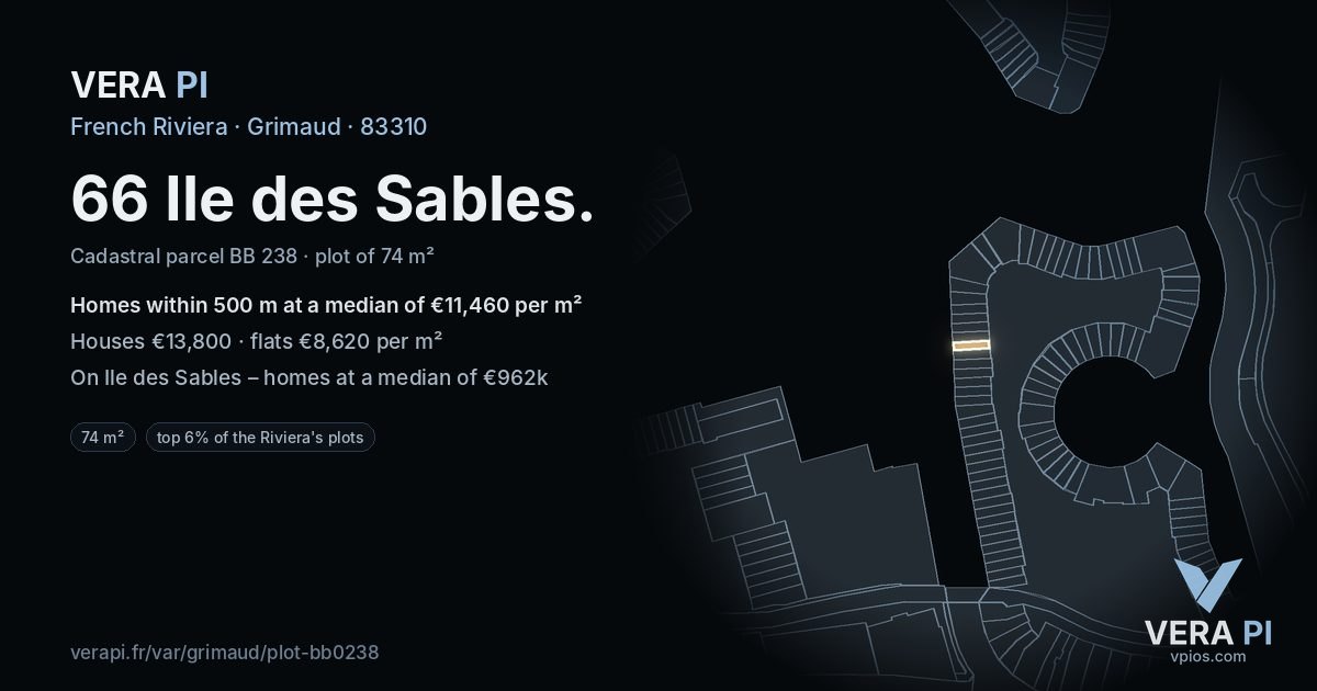 66 Ile des Sables, Grimaud at night – the plot lit, the parcels around coloured by the prices near them