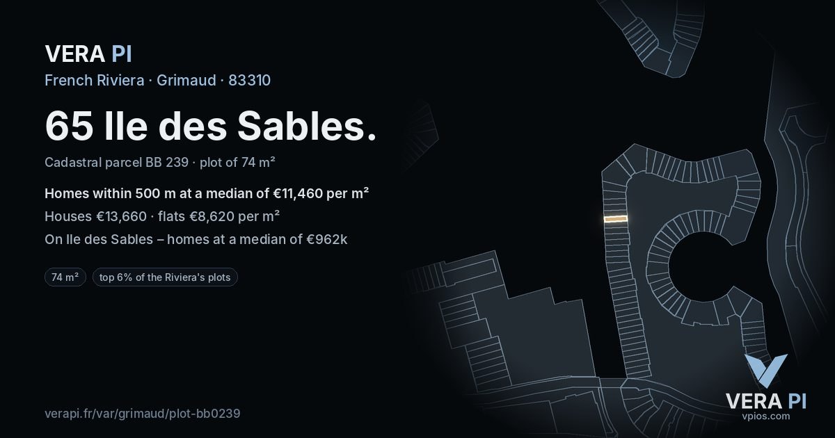 65 Ile des Sables, Grimaud at night – the plot lit, the parcels around coloured by the prices near them