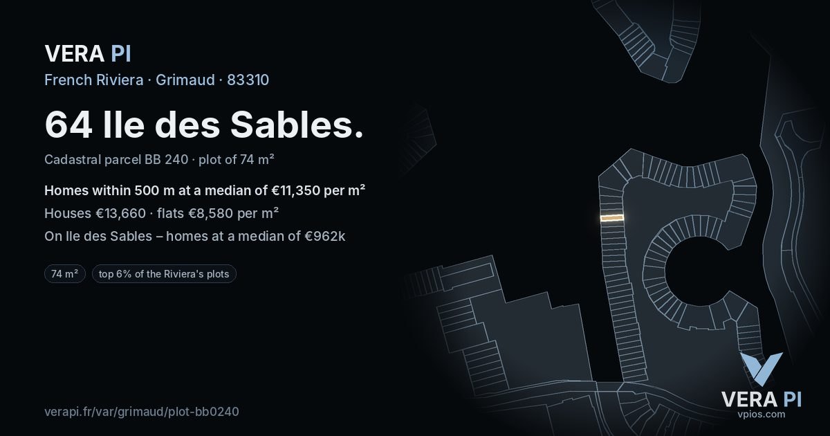 64 Ile des Sables, Grimaud at night – the plot lit, the parcels around coloured by the prices near them