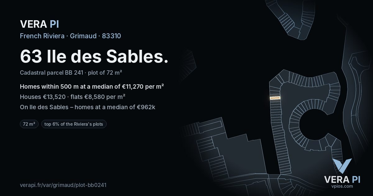 63 Ile des Sables, Grimaud at night – the plot lit, the parcels around coloured by the prices near them
