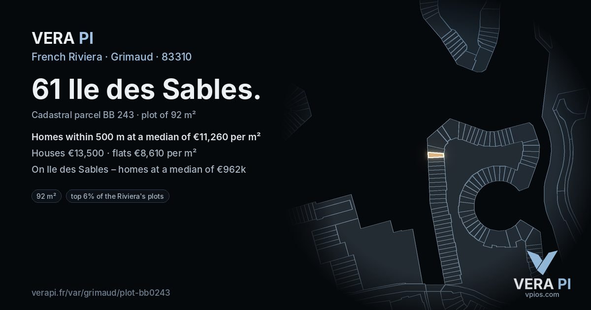 61 Ile des Sables, Grimaud at night – the plot lit, the parcels around coloured by the prices near them
