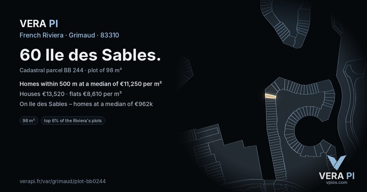 60 Ile des Sables, Grimaud at night – the plot lit, the parcels around coloured by the prices near them