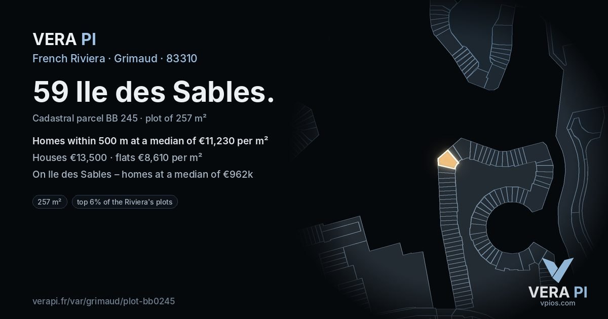 59 Ile des Sables, Grimaud at night – the plot lit, the parcels around coloured by the prices near them