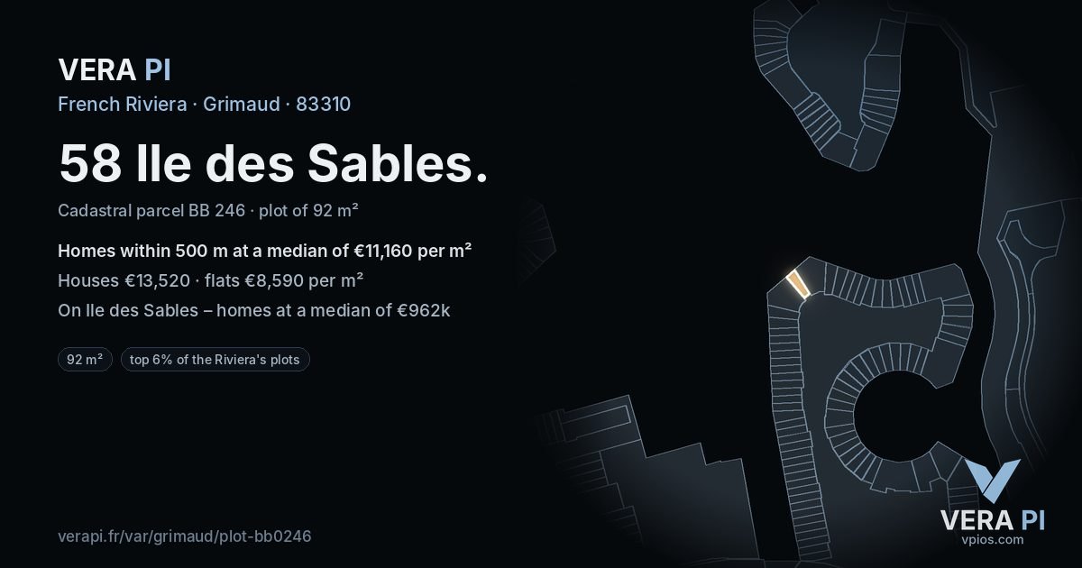 58 Ile des Sables, Grimaud at night – the plot lit, the parcels around coloured by the prices near them