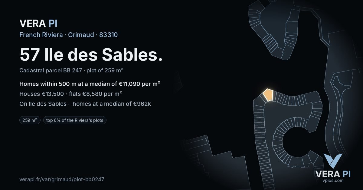 57 Ile des Sables, Grimaud at night – the plot lit, the parcels around coloured by the prices near them