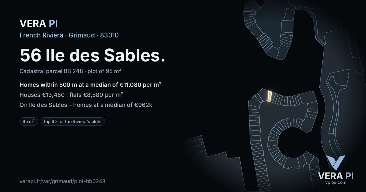 56 Ile des Sables, Grimaud at night – the plot lit, the parcels around coloured by the prices near them