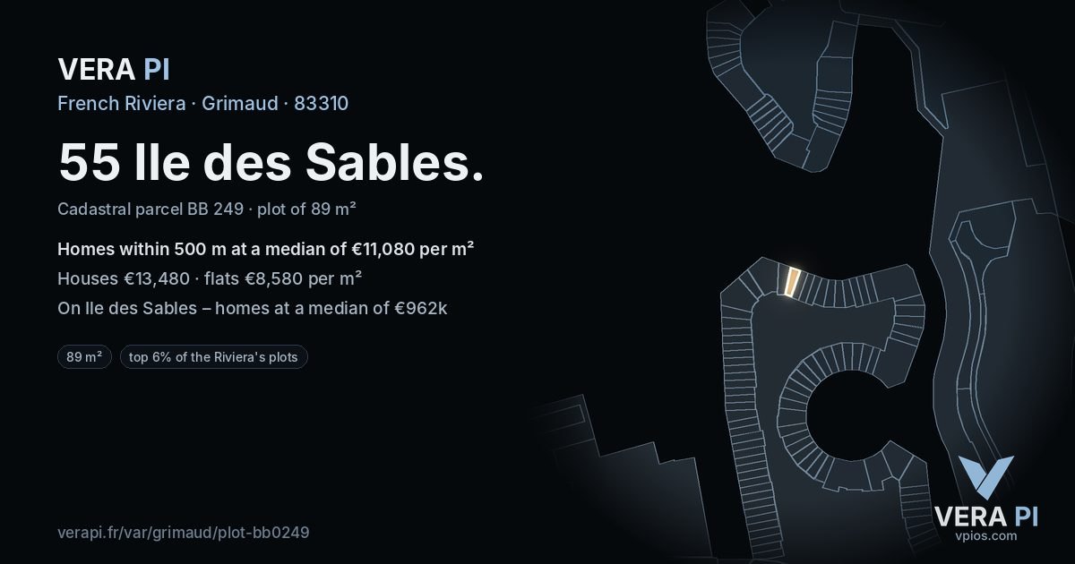 55 Ile des Sables, Grimaud at night – the plot lit, the parcels around coloured by the prices near them