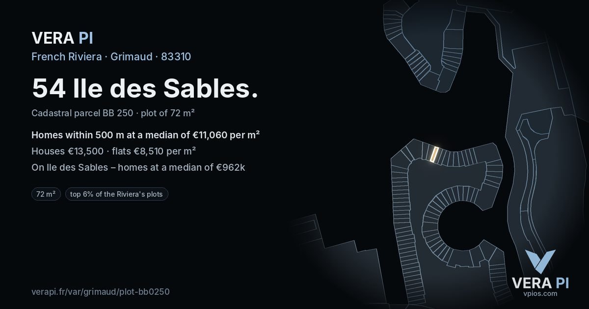 54 Ile des Sables, Grimaud at night – the plot lit, the parcels around coloured by the prices near them