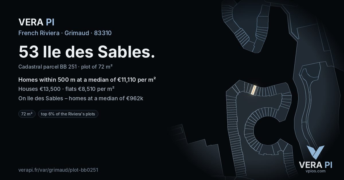 53 Ile des Sables, Grimaud at night – the plot lit, the parcels around coloured by the prices near them