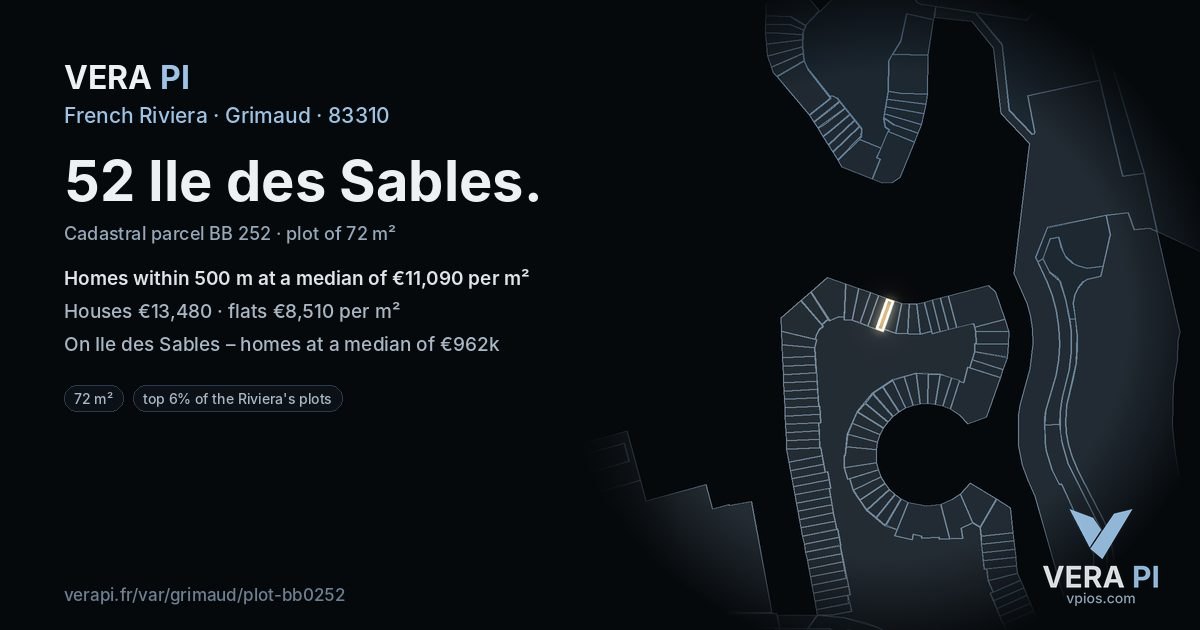 52 Ile des Sables, Grimaud at night – the plot lit, the parcels around coloured by the prices near them