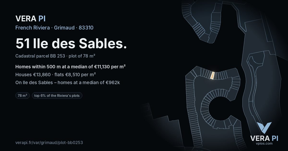 51 Ile des Sables, Grimaud at night – the plot lit, the parcels around coloured by the prices near them