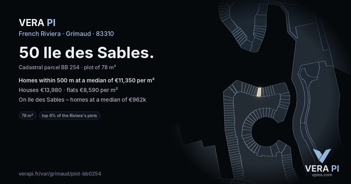 50 Ile des Sables, Grimaud at night – the plot lit, the parcels around coloured by the prices near them