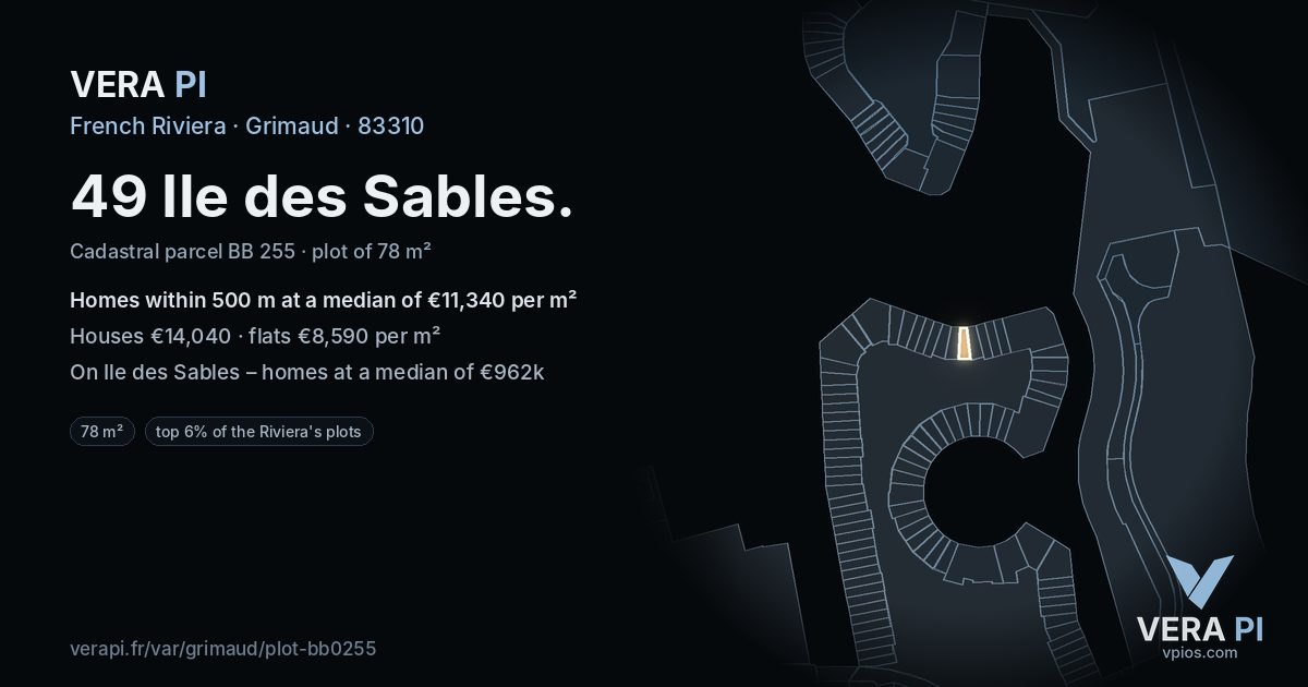 49 Ile des Sables, Grimaud at night – the plot lit, the parcels around coloured by the prices near them