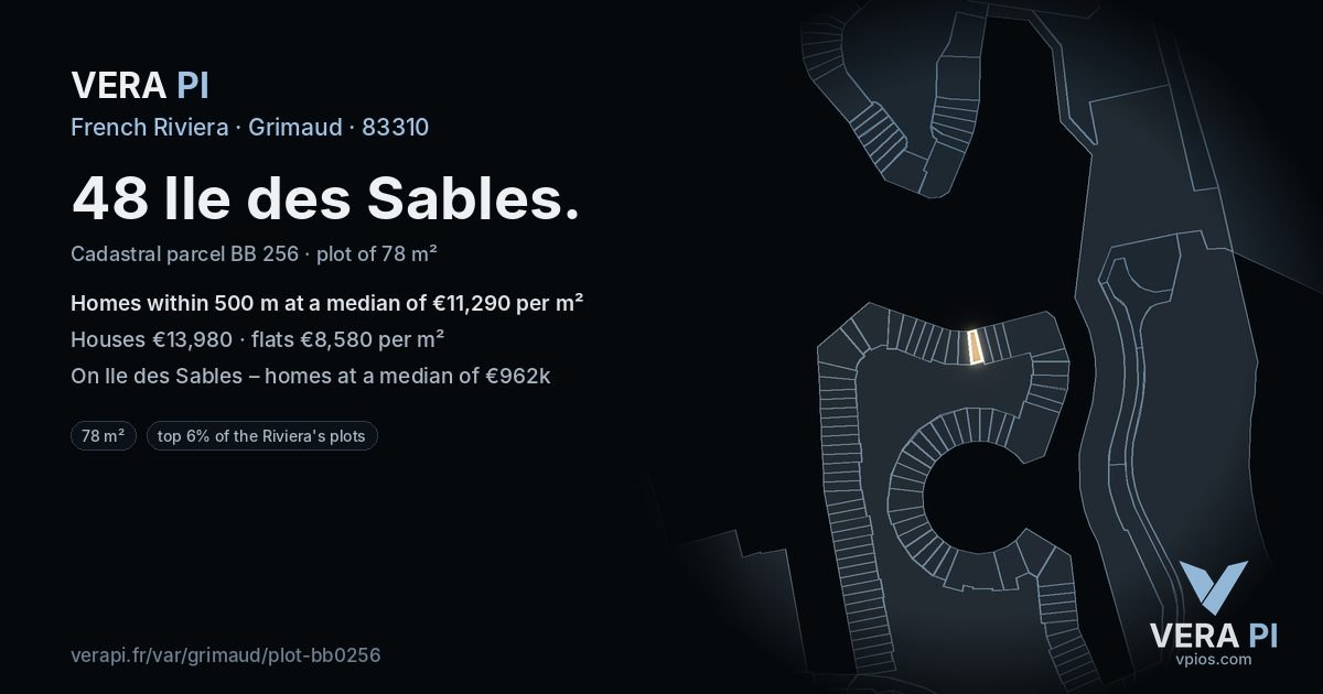 48 Ile des Sables, Grimaud at night – the plot lit, the parcels around coloured by the prices near them