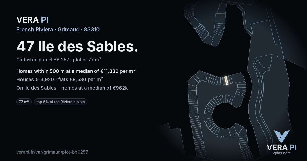 47 Ile des Sables, Grimaud at night – the plot lit, the parcels around coloured by the prices near them