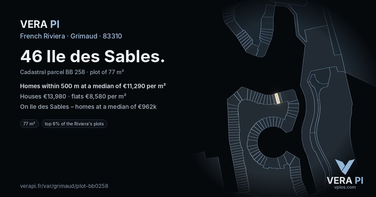46 Ile des Sables, Grimaud at night – the plot lit, the parcels around coloured by the prices near them