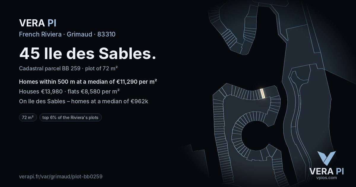 45 Ile des Sables, Grimaud at night – the plot lit, the parcels around coloured by the prices near them