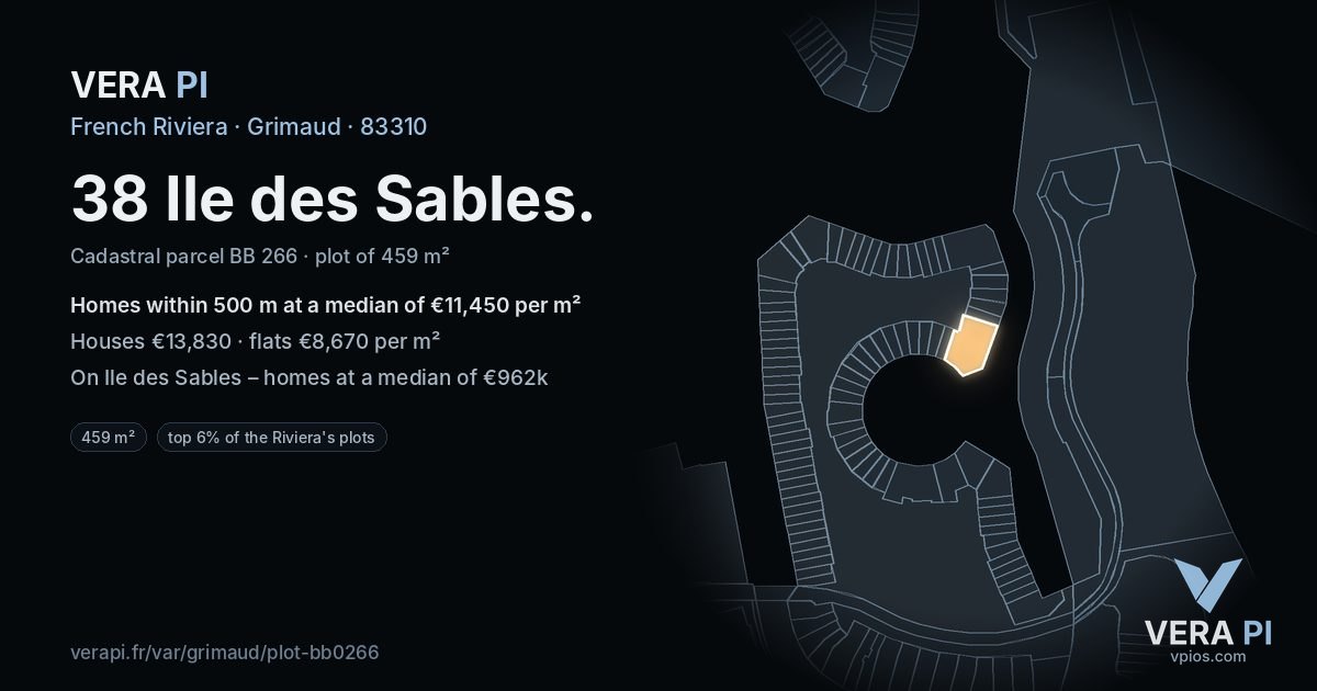 38 Ile des Sables, Grimaud at night – the plot lit, the parcels around coloured by the prices near them