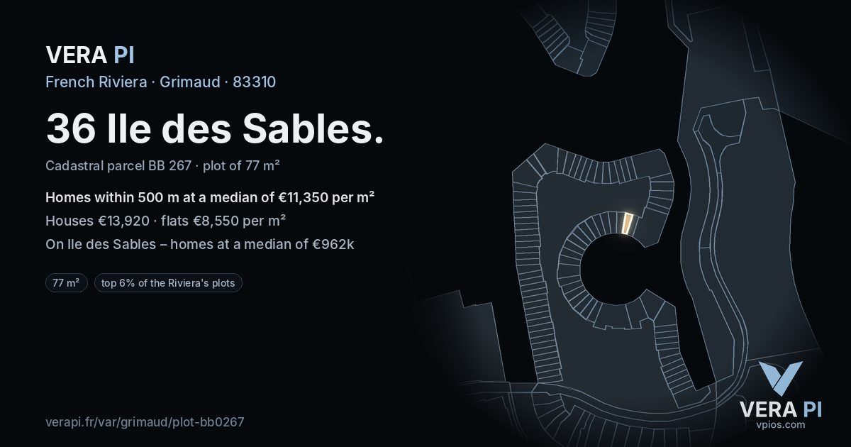 36 Ile des Sables, Grimaud at night – the plot lit, the parcels around coloured by the prices near them