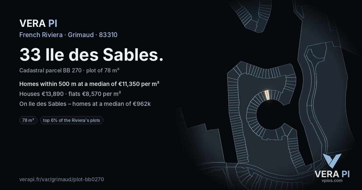 33 Ile des Sables, Grimaud at night – the plot lit, the parcels around coloured by the prices near them