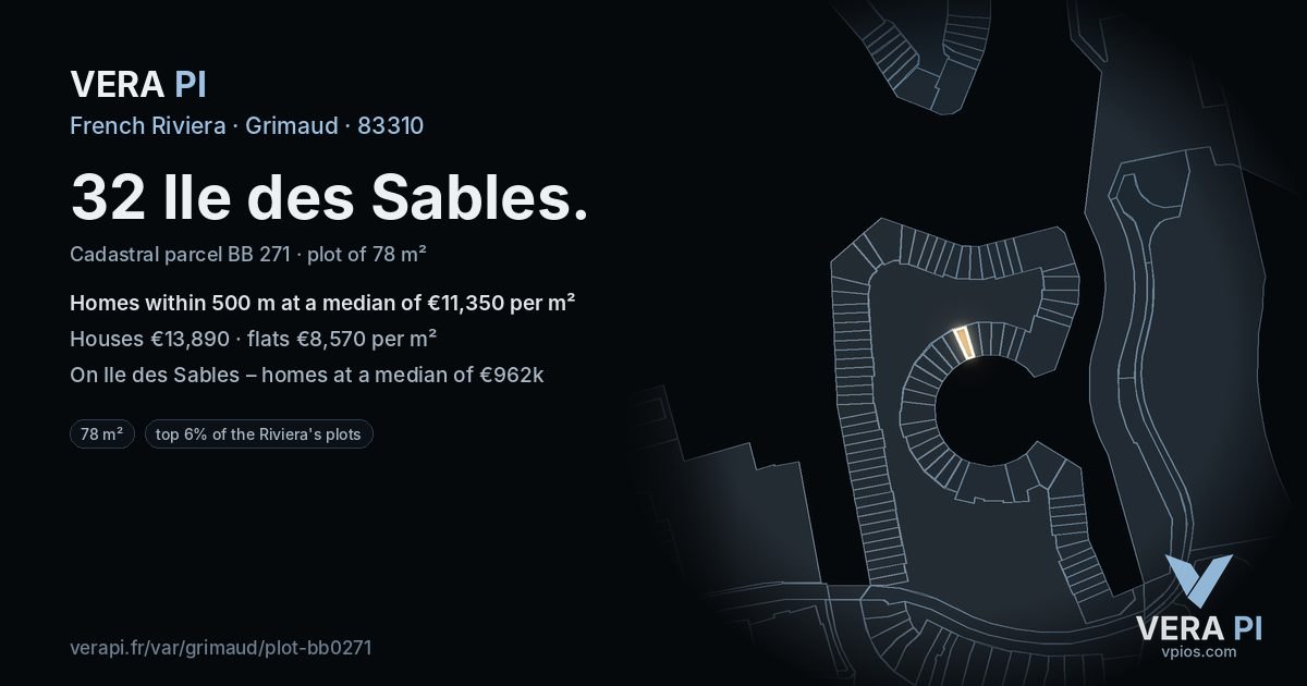 32 Ile des Sables, Grimaud at night – the plot lit, the parcels around coloured by the prices near them