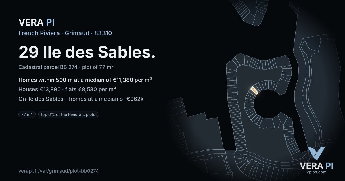 29 Ile des Sables, Grimaud at night – the plot lit, the parcels around coloured by the prices near them