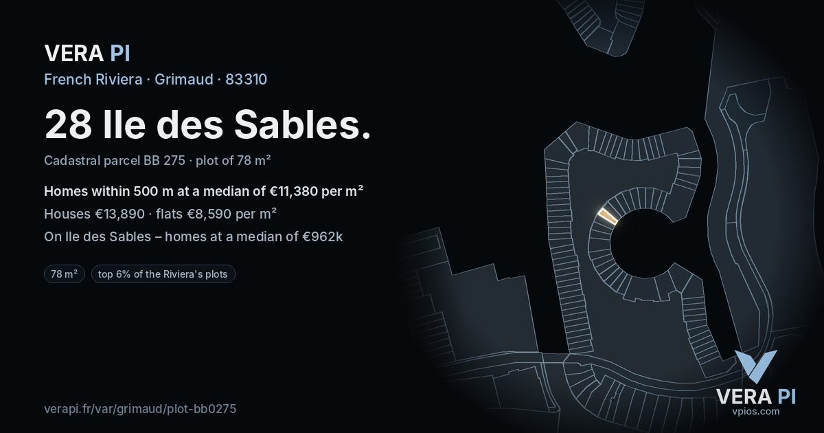 28 Ile des Sables, Grimaud at night – the plot lit, the parcels around coloured by the prices near them
