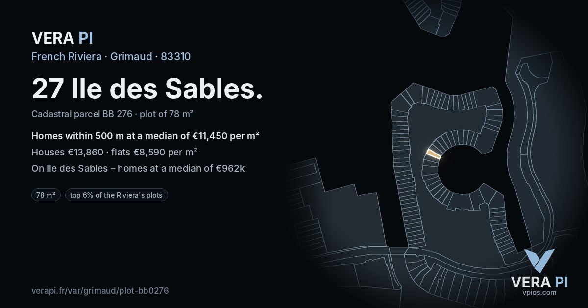 27 Ile des Sables, Grimaud at night – the plot lit, the parcels around coloured by the prices near them