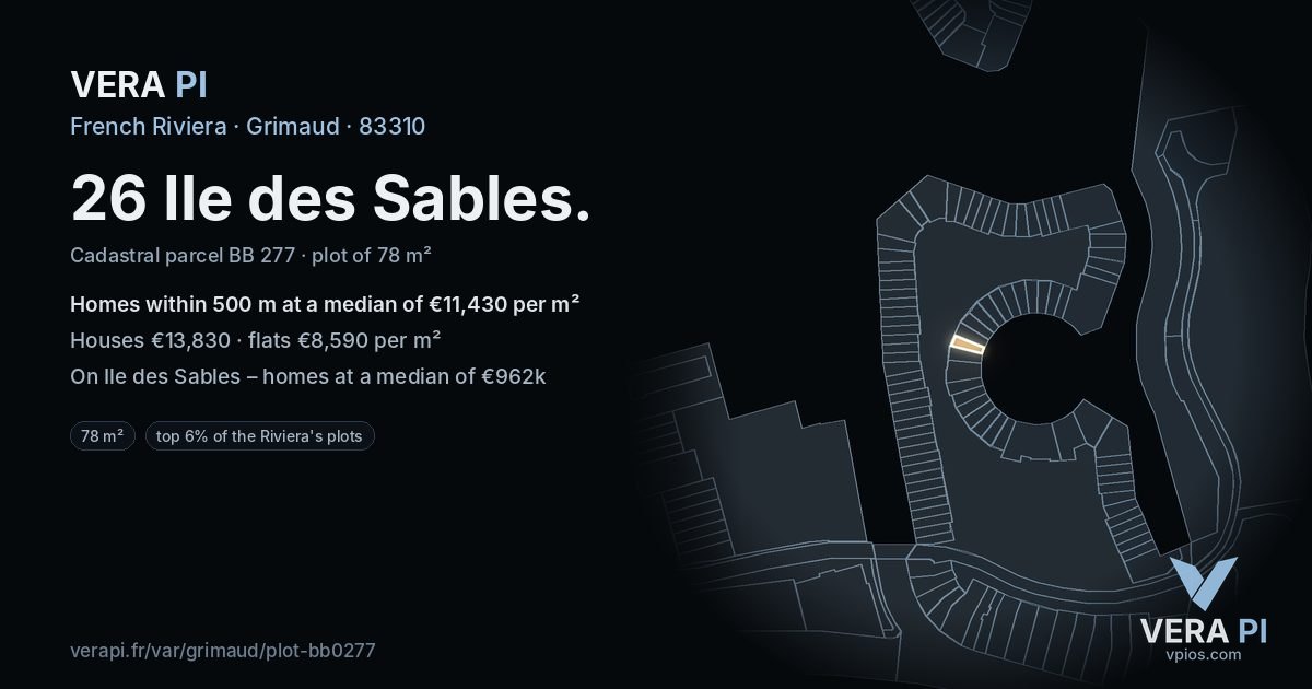 26 Ile des Sables, Grimaud at night – the plot lit, the parcels around coloured by the prices near them