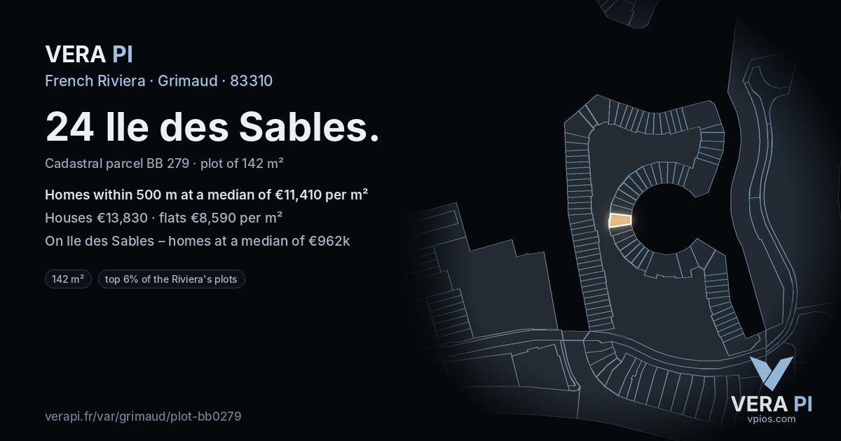 24 Ile des Sables, Grimaud at night – the plot lit, the parcels around coloured by the prices near them