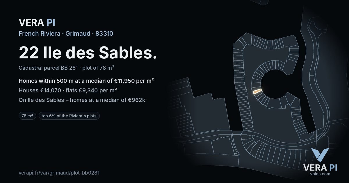 22 Ile des Sables, Grimaud at night – the plot lit, the parcels around coloured by the prices near them